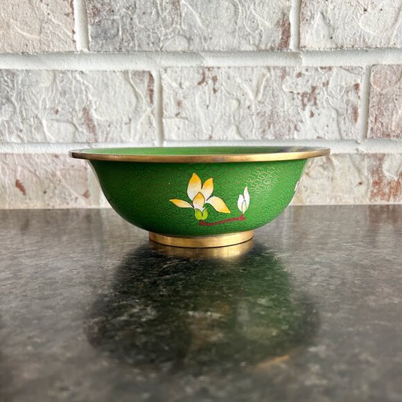 Vintage Japanese Style Enamel Cherry Blossom Flower Bowl, Brass bowl - Picture 3 of 4